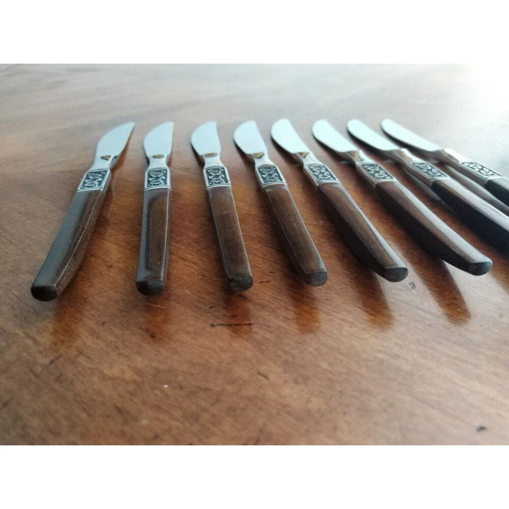 Lot 8x Dinner Knives Ekco Eterna La Joya Stainless Faux Wood MCM EKS14 8.8